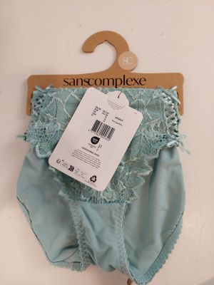 a blue panties with a tag on it on a wooden hanger