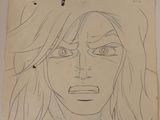 drawing of a woman ' s face with long hair and big eyes