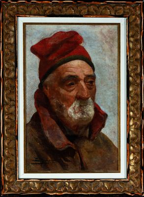 portrait d'un vieil homme portant un chapeau rouge et une barbe