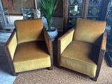 pair of mid century style chairs in mustard velvet upholstered