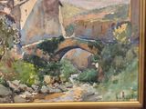 a picture of a painting of a bridge over a stream