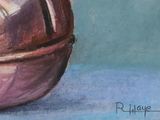 pastel painting of an apple in a copper bowl on a blue surface