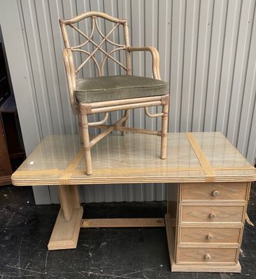 a wooden desk with a chair on top of it