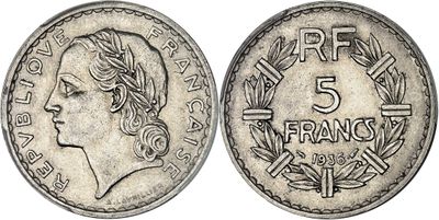 france 5 franc coin with the image of a woman in profile
