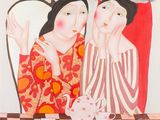 tableau représentant deux femmes assises à une table avec une théière et une théière