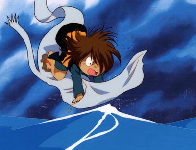 cartoon image of a girl flying through the air on top of a snowboard