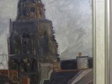 a painting of a building with a clock tower in the background