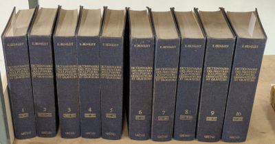 six books are stacked on a shelf in a room