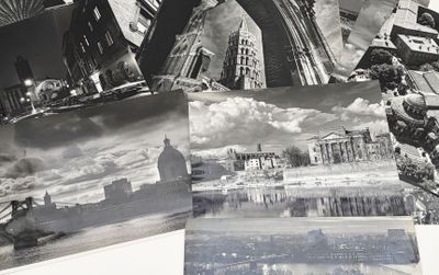 plusieurs photographies en noir et blanc d'une ville avec une tour horloge en arrière-plan