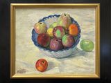 an oil painting of a bowl of apples and pears on a table
