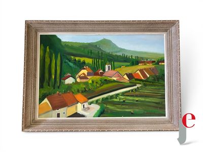 une peinture à l'huile représentant un paysage avec des maisons et des arbres, dans un cadre doré