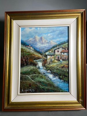 painting of a mountain village with a stream and a mountain in the background