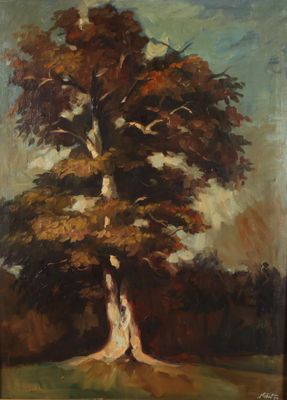 a painting of a large tree in a field with a sky background