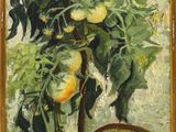 an oil painting of tomatoes and a basket of oranges on a table