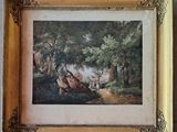 an old picture of a painting of a man and a dog in a wooded area
