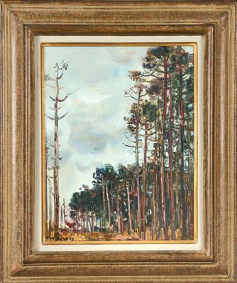 une peinture représentant une scène de forêt avec des arbres au premier plan