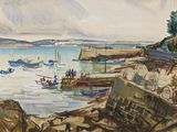 a painting of boats in the water on the shore