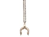 a silver necklace with a chain that has a hammer on it