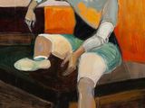une peinture à l'huile représentant un homme assis sur une table avec une raquette de tennis