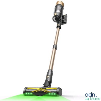 a close up of a cordless vacuum cleaner on a white background