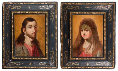 two paintings of a man and a woman, one of which is wearing a veil and the other of which