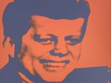 an orange and blue portrait of a man in a suit and tie
