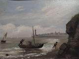 a painting of a boat on the water with people on it