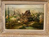 an oil painting of a farm scene with a house in the background