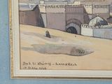 a picture of a painting of a man sitting in front of a building
