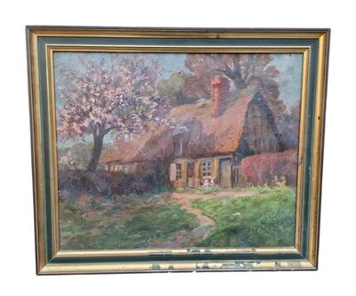 une peinture à l'huile représentant une maison au toit de chaume avec un chien dans la cour
