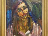an oil painting of a woman holding a book in a gold frame