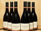 six bouteilles de vin rouge sont alignées sur un tonneau en bois