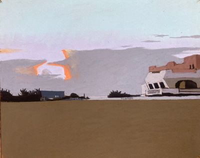 une photo d'un tableau représentant un bâtiment sur la plage