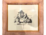 an image of a drawing of a church in a wood frame