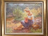 an oil painting of a woman in a straw hat sitting on the ground