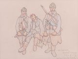 dessin d'un groupe d'hommes en uniforme avec armes et chapeaux
