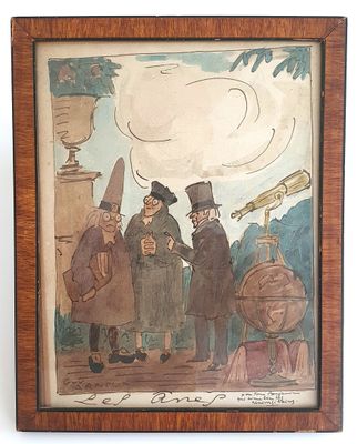 tableau représentant un groupe d'hommes debout devant un grand vase