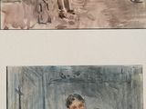 three watercolor paintings of a man and a child in a living room