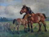 tableau représentant deux chevaux et un poulain dans un champ