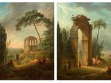 two paintings of a painting of a landscape with people in the foreground and a building in the background