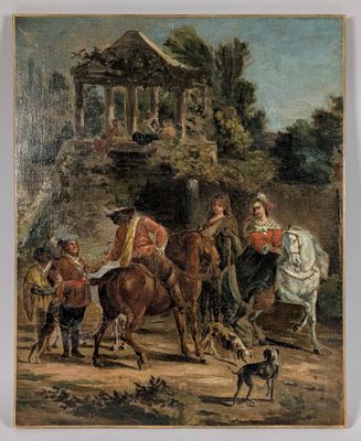 painting of a group of people riding horses in a wooded area