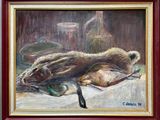 un tableau représentant un oiseau et un canard posés sur une table