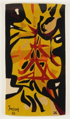 peinture abstraite jaune et noire représentant un tournesol sur fond blanc