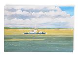 une peinture à l'huile représentant un bateau au milieu d'un plan d'eau