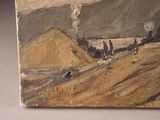 a picture of a painting of a train coming down the tracks