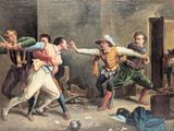 a painting of a group of men fighting in a room