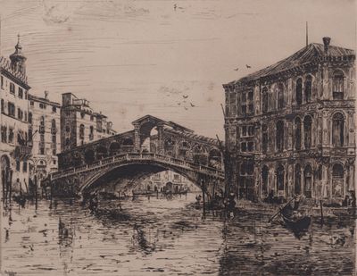 drawing of a bridge over a canal with buildings and a boat