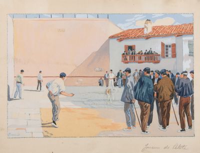tableau représentant un groupe d'hommes jouant au croquet devant un bâtiment