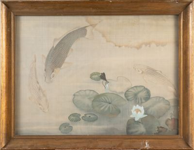 a picture of a painting of a koi fish and lotuses
