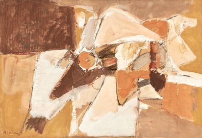abstract painting of a man sitting on a chair in a room